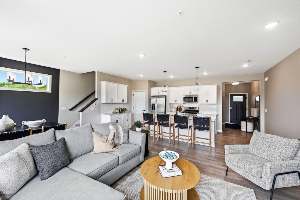 Living room, kitchen, and dining