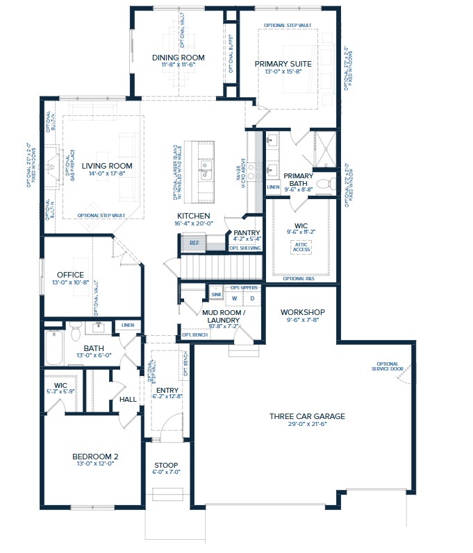 JP Brooks Builders Edgewater plan, rambler main floor floorplan